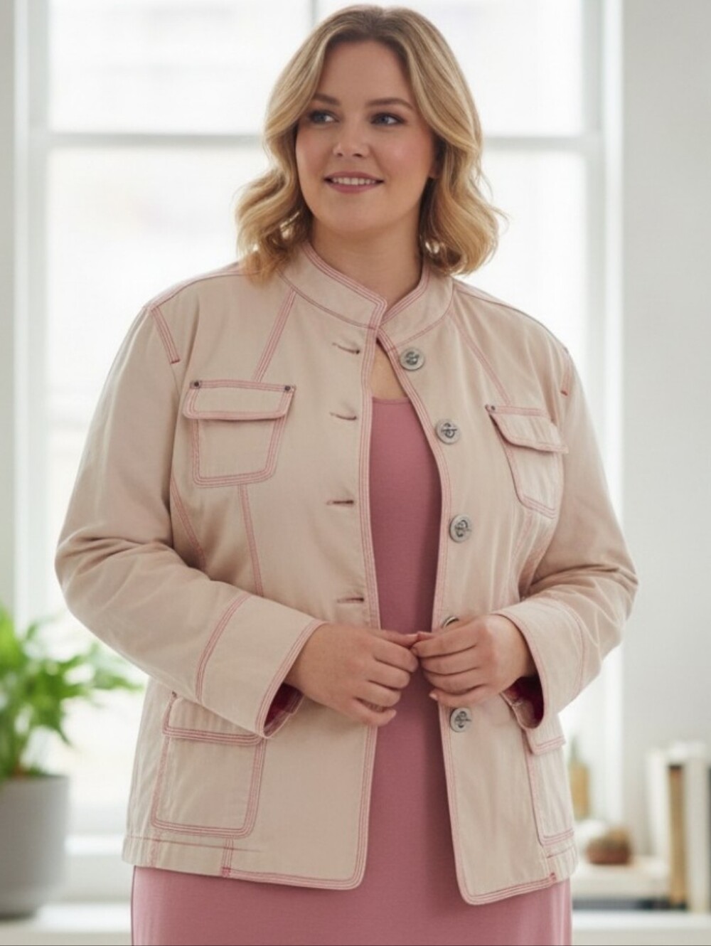 Pinky/Peachy Military Style Jacket w/Metal Fasteners 4 Pockets - Chico's size 3